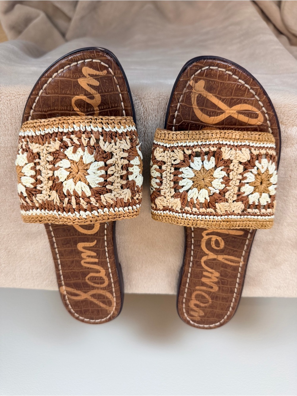 Sam Edelman Luxury Crochet Slide Sandals in Brown and Cream Size 9.5